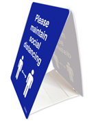 Please Maintain Social Distance Tend Stand Sign 100mm W x 150mm H Blue and White