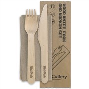 BIOPAK Bio Wood Cutlery 16cm Fork Knife Napkin Set Pack 100